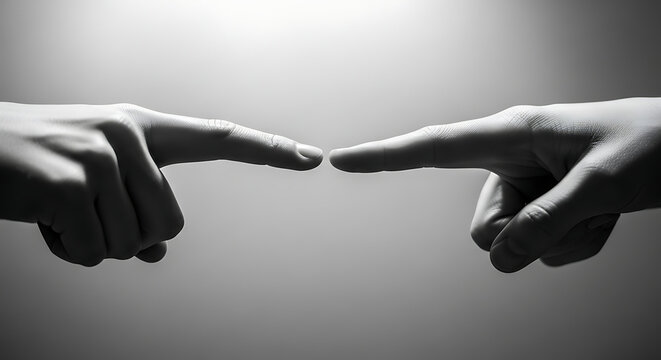 Two fingers almost touching on a grey background, representing connection or division