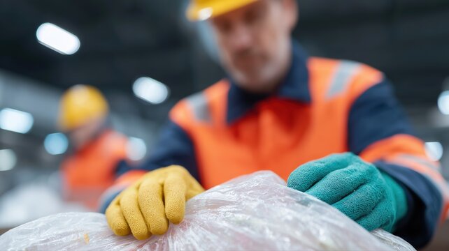Mitarbeiter einer Abfallverarbeitungsanlage sortieren Recyclingbeh&auml;lter im Sinne der Umweltverantwortung und Nachhaltigkeit.