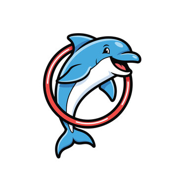 Smiling dolphin jumping through red hoop on white background