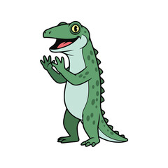 Fototapeta premium A cartoon green dinosaur standing on two legs with hands raised