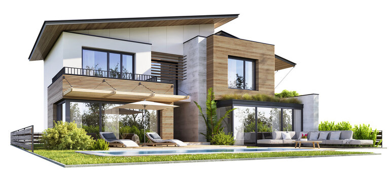 Modern house exterior with swimming pool and luxury patio