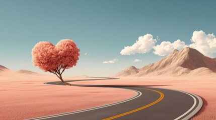 Fototapeta premium Heart Shaped Tree in Desert Landscape with Winding Road