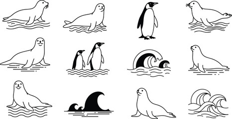 Set of hand drawn monochrome arctic animal icons including seals, penguins, and ocean waves for maritime design projects © SUMON