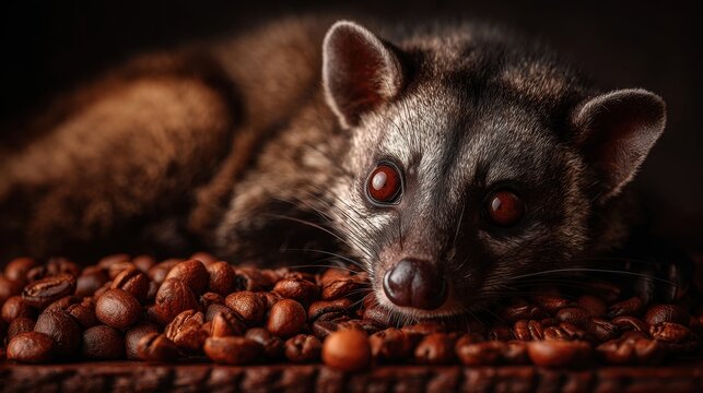 Curious civet cat lying on pile of dark roasted coffee beans with big reflective eyes in dramatic lighting.