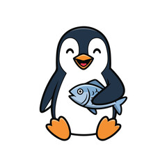 Obraz premium Cute cartoon penguin holding a fish in its flipper on white background