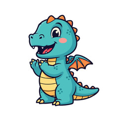Fototapeta premium Teal cartoon dragon with orange spikes and wings on white background