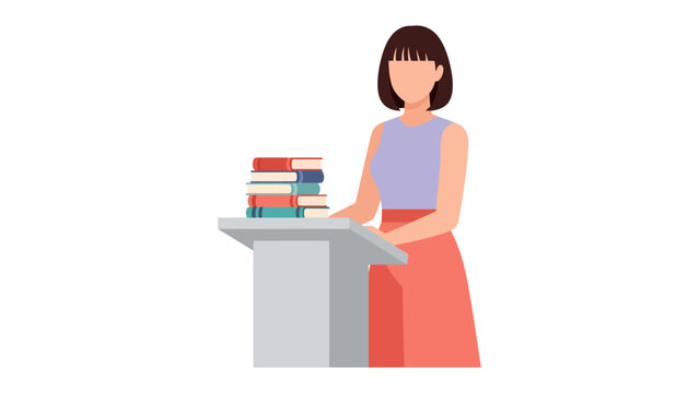 Lecturer's Insightful Presentation: An insightful lecturer delivers a compelling lecture, poised behind a podium adorned with a stack of knowledge-filled books.