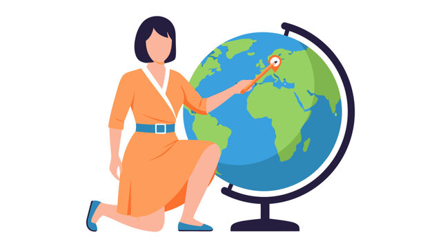 Geography lesson: A teacher uses a pointer to indicate a specific location on the globe during a geography lesson, illustrating concepts and sparking curiosity