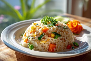 Delicious fried rice served on a white ceramic plate with garnish