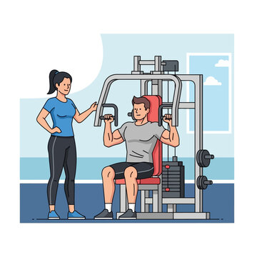 Man working out on chest press machine with female trainer in gym