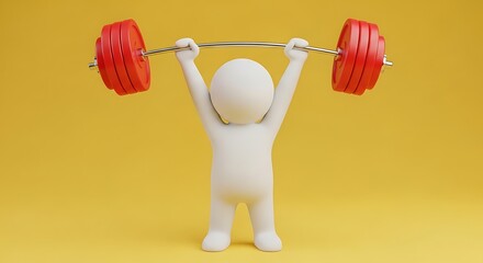 White figure lifting a red barbell on a yellow background