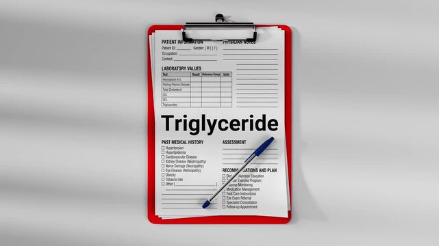 Medical clipboard with patient clinical form showing triglyceride level test and laboratory values. Healthcare documentation concept with physician notes and medical examination record.
