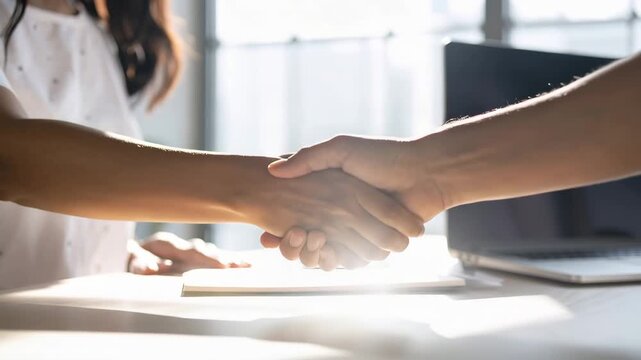 Handshake Deal: A close-up of two individuals sealing a deal with a firm handshake, symbolizing partnership and agreement in a professional setting.