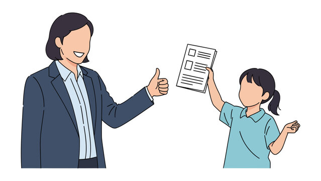 Collaboration & Approval: A moment of agreement, with one individual offering a positive gesture while another presents a document, signaling a positive outcome. 