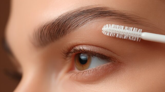 Young woman brushing eyebrow with spoolie brush in closeup on brown background, beauty grooming routine, makeup styling, eyebrow shaping, cosmetic care, natural look, skincare fashion portrait concept