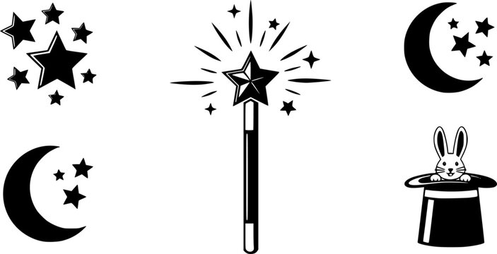 Magic wand icons: sparkles, stars, moon, and rabbit hat
