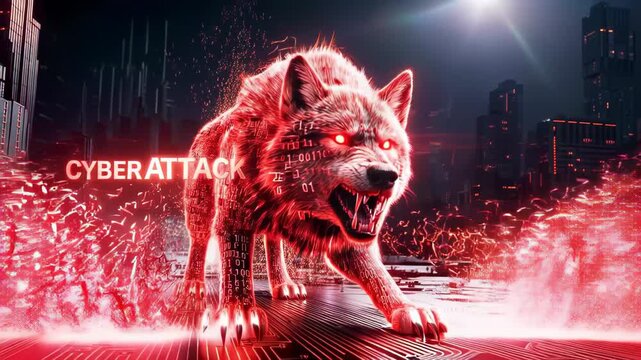 Digital wolf attacking urban network infrastructure representing aggressive cyber threat and data breach in smart city environment