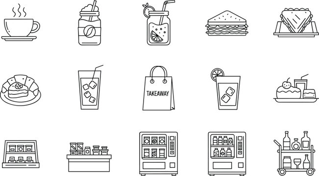 Set of Caf&eacute;, Snack, and Takeaway Icons in Line Art Style for Beverages, Desserts, and Vending Machines