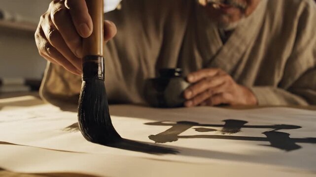 Elderly Asian man practicing traditional calligraphy with ink brush