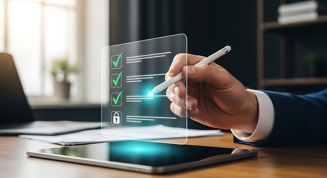 Person interacting with digital checklist on tablet with stylus in office setting with laptop nearby