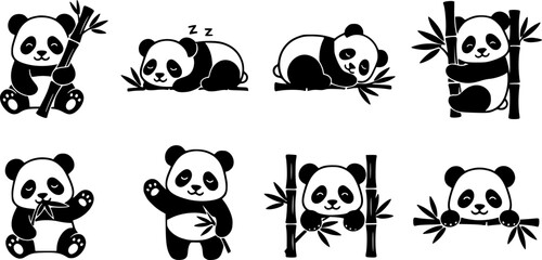 Obraz premium Cute panda icons collection featuring various adorable poses and bamboo motifs 