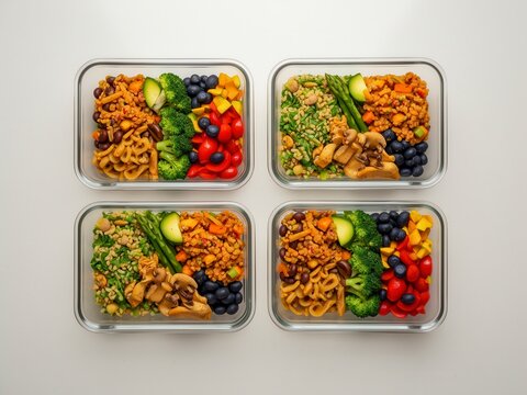 Top-down view of four rectangular glass meal prep containers filled with vibrant, healthy balanced meals including vegetables, grains, noodles, and berries