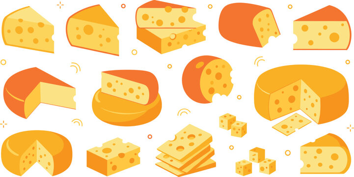 Cheese collection with various types of yellow swiss cheddar and maasdam wheels slices and cubes flat vector illustration isolated on white background for food menu.