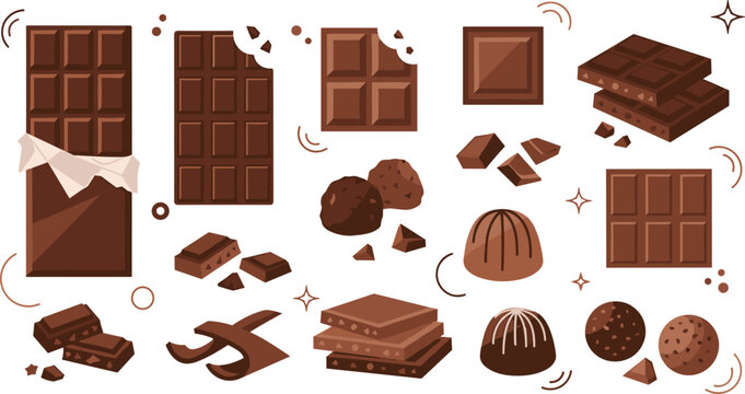 Chocolate bars and sweets collection featuring dark and milk bars pralines truffles and broken pieces flat vector illustration isolated on white background for dessert menu.
