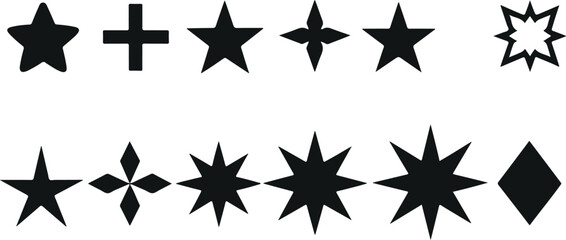 Obraz premium Star shapes and geometric symbol vector set with decorative stars, plus sign, and abstract elements isolated on light background for design and decoration