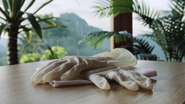 Pair of Protective White Latex Gloves on a Wooden Table with a Tropical Mountain Scenery Background