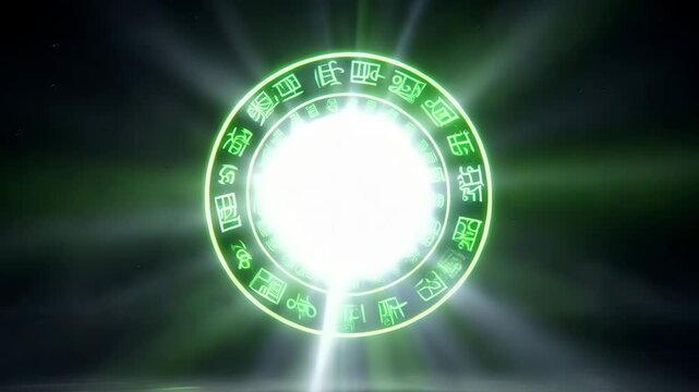 Glowing mystical green magic portal with ancient runic symbols rotating around bright energy core in dark background. Fantasy atmosphere of supernatural power and mystery