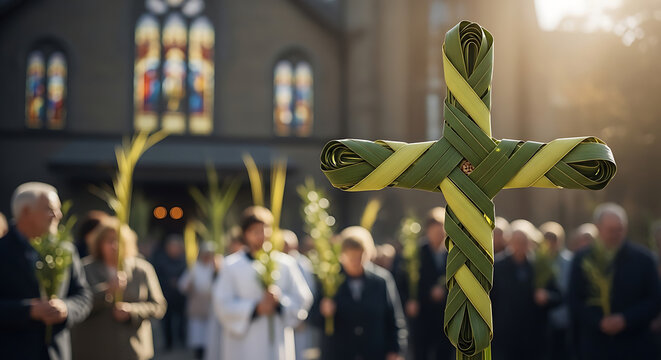 A woven palm leaf cross held by congregants during a traditional palm sunday church procession