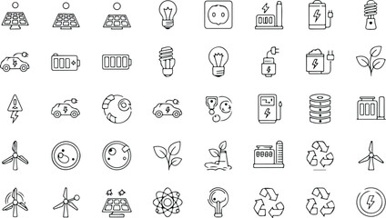 Naklejka premium Renewable energy and electric power icon vector set with solar panels, wind turbines, batteries, recycling, and eco technology symbols isolated on light background