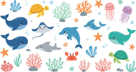 Cute colorful underwater sea animals collection with whales dolphins turtle jellyfish crab coral and starfish cartoon vector illustration set
