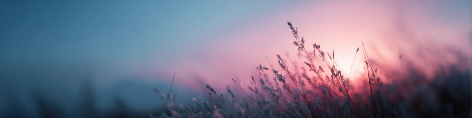 Wildgrass sunset silhouette soft pastel meadow at dusk with glowing pink sky and delicate seed heads swaying in breeze golden light atmosphere