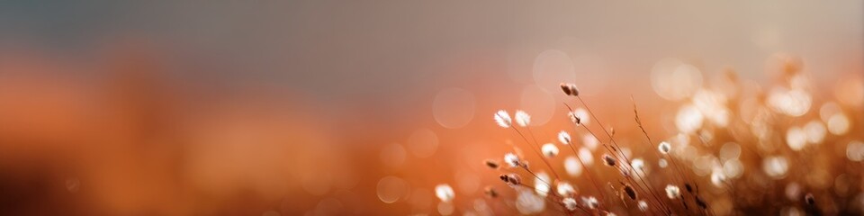 Naklejka premium Dewy grass seedheads closeup golden bokeh sunrise macro warm orange nature detail fragile stems morning droplets