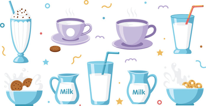Fresh dairy breakfast set with milk glasses cereal bowls cookies milkshakes and hot coffee cups flat vector illustration isolated on white background for cafe menu