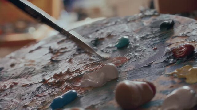 Unrecognizable artist mixing thick oil paint on textured palette with brush, blending blue and white pigments to create new color. Extreme close up view