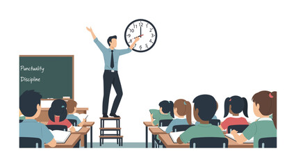 Teacher Guiding Class: A teacher stands atop a stool in a classroom, pointing to a clock, as students look on. The image conveys themes of education, time management, and learning. © FARHANA