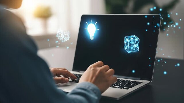 Man working on laptop with AI.