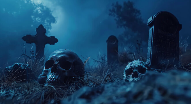 Mysterious graveyard enveloped in fog, featuring weathered skulls and ancient tombstones. the chilling ambiance evokes themes of mortality and the supernatural, set against a moonlit sky.