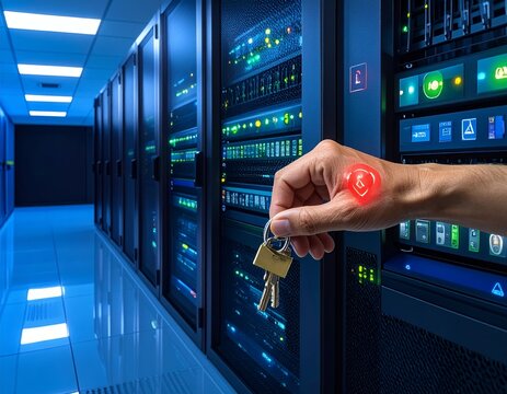 Hand holding keys in a secure server room, symbolizing data protection and IT security.