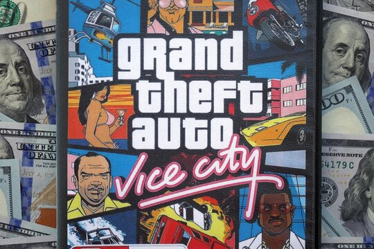 KYIV, UKRAINE - MARCH 13, 2026 GTA Grand Theft Auto Vice City video game disc box photo with focus on title cover front part