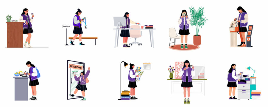 Illustrations of a female student in a varsity jacket during school activities like registration, using an ID card, and attending university orientation.