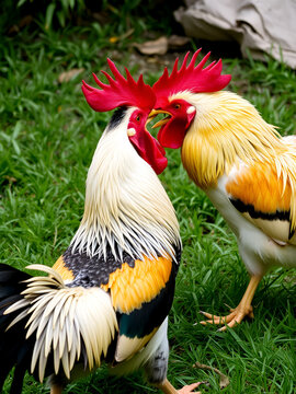Two combative roosters or male chickens engaged in a fierce altercation atop a verdant expanse of outdoor grass. This scene captures the dynamics of nature, where the animal kingdo