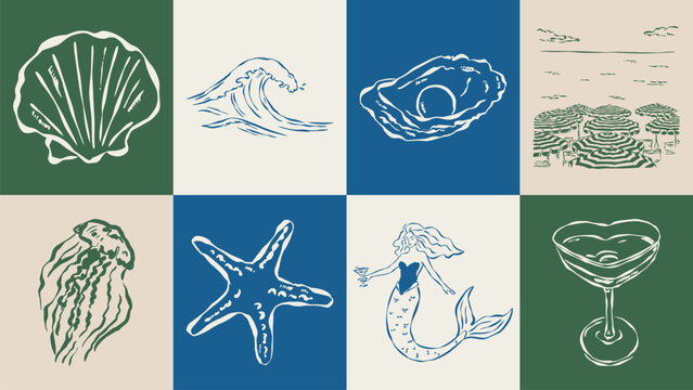 Coastal living hand drawn illustration collection. Travel doodles. Art for postcards, menu, print posters, packaging design.