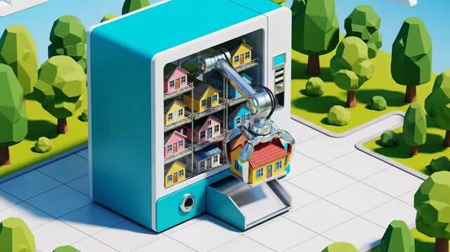 Robotic claw selecting a miniature house from a vending machine low poly suburban environment