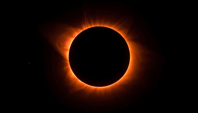 Dramatic solar eclipse with fiery corona surrounding a stark black disk against a dark background