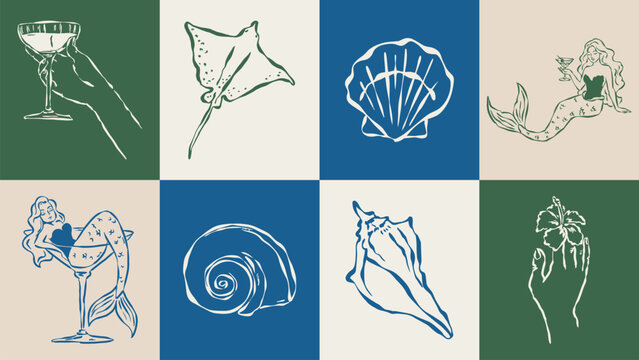 Coastal living hand drawn illustration collection. Travel doodles. Art for postcards, menu, print posters, packaging design.