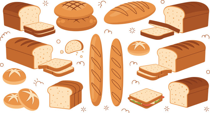 Bakery bread collection with French baguettes whole wheat loaves sliced toast crusty buns and a sandwich flat vector illustration isolated on white background for food shop